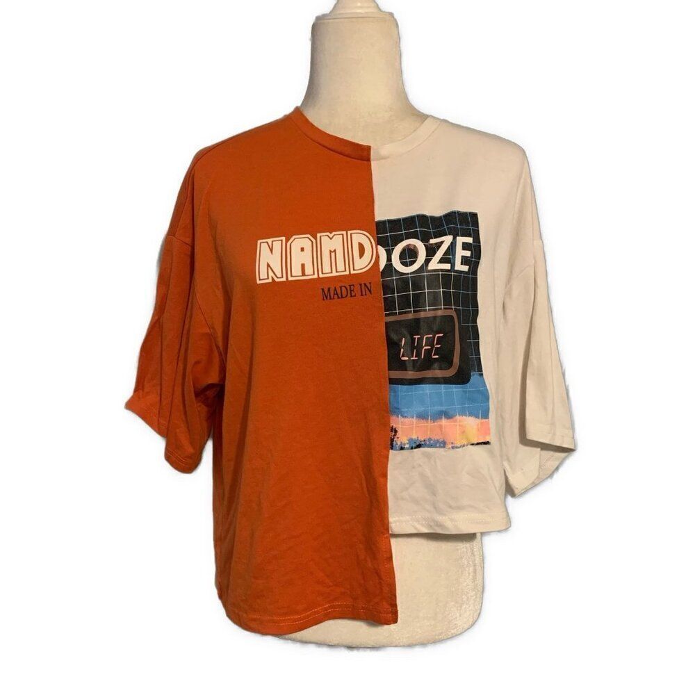 Womens Orange White Crew Neck Retro Short Sleeve T Shirt Top Medium